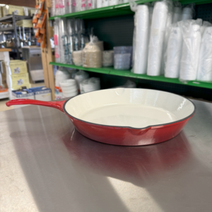 picture of red enamel coated skillet