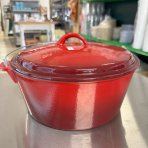 picture of a red enamel coated dutch oven pot