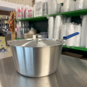 picture of a mcware sauce pot with a blue handle